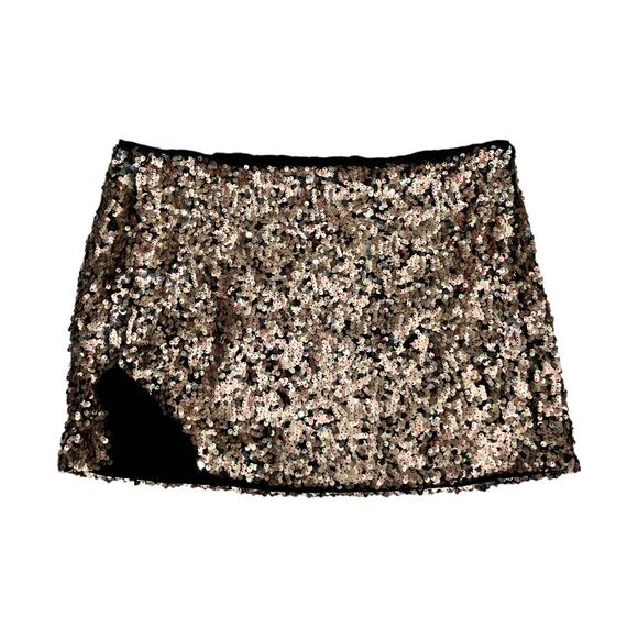 Free People Annalise Sequin Mini Skirt 6 New Gold Black Slit Edgy Boho Glam - Picture 2 of 8